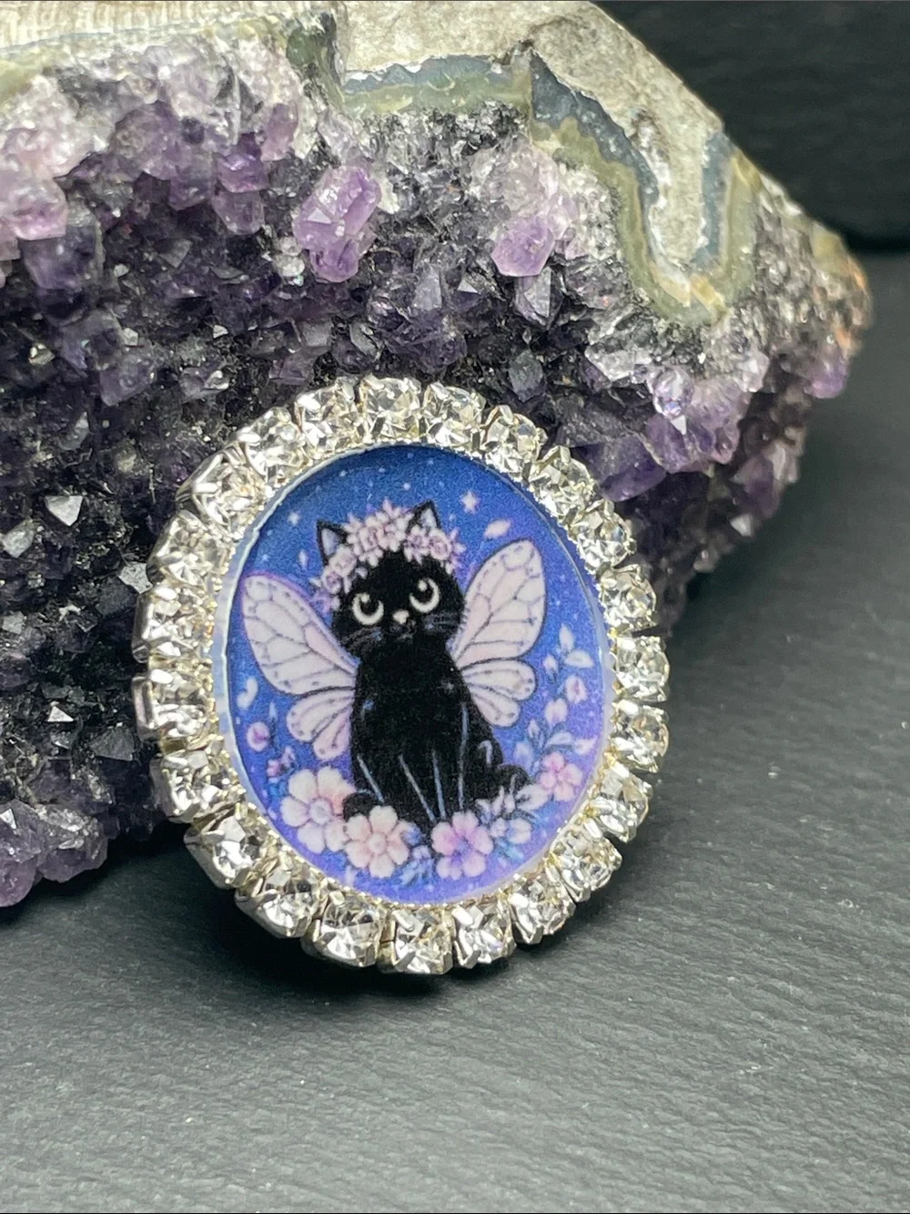 2/$20 Black Fairy Cat Magnet Or Brooch -Your Choice Custom Made Digital Design